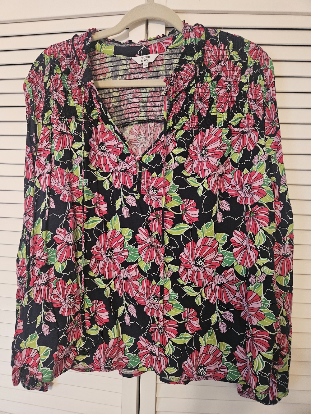 crown & ivy Black Blouse with Pink Floral Print